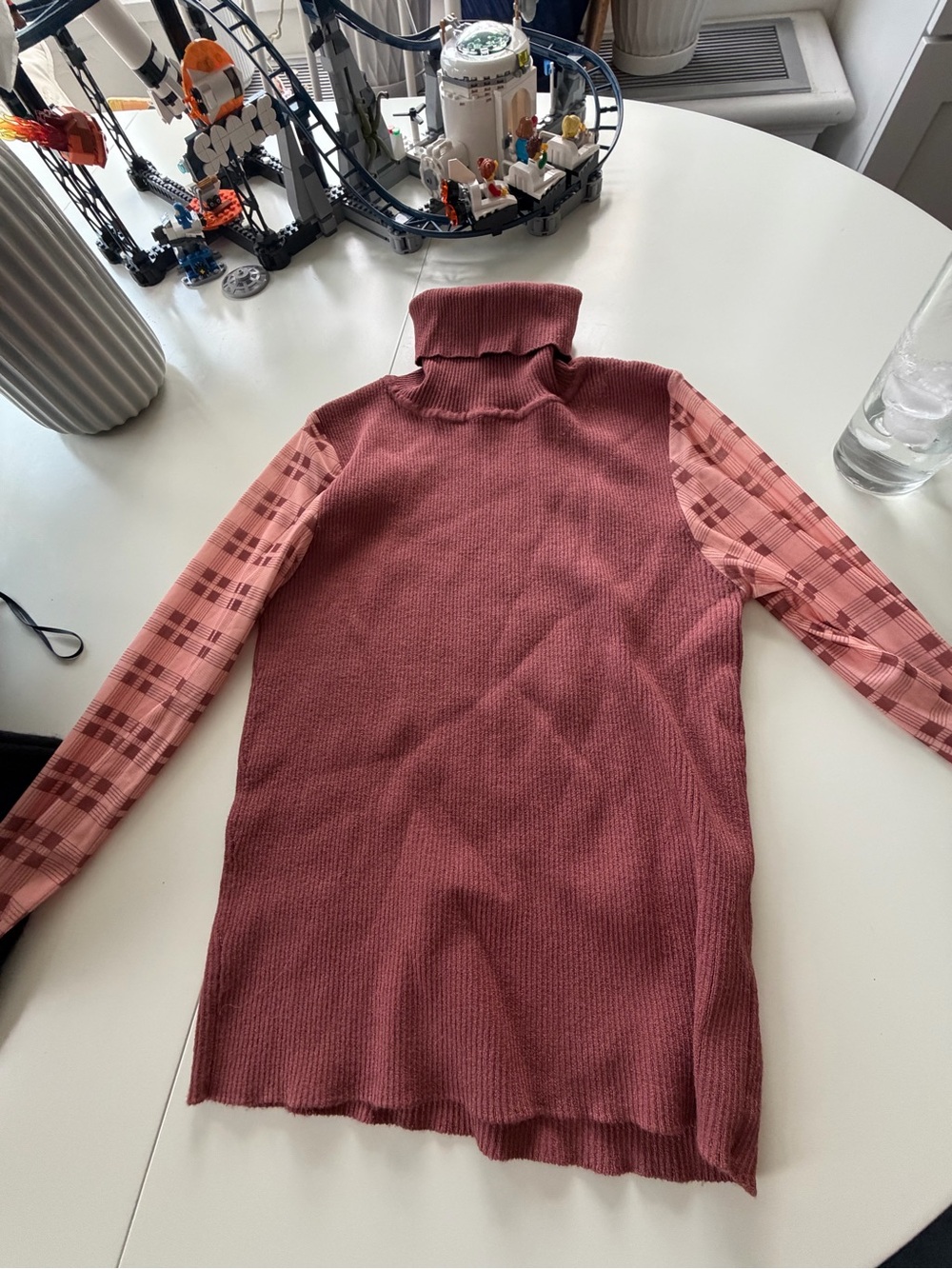 Zara Rose Pink Turtleneck Sweater with Plaid Pink Sleeves